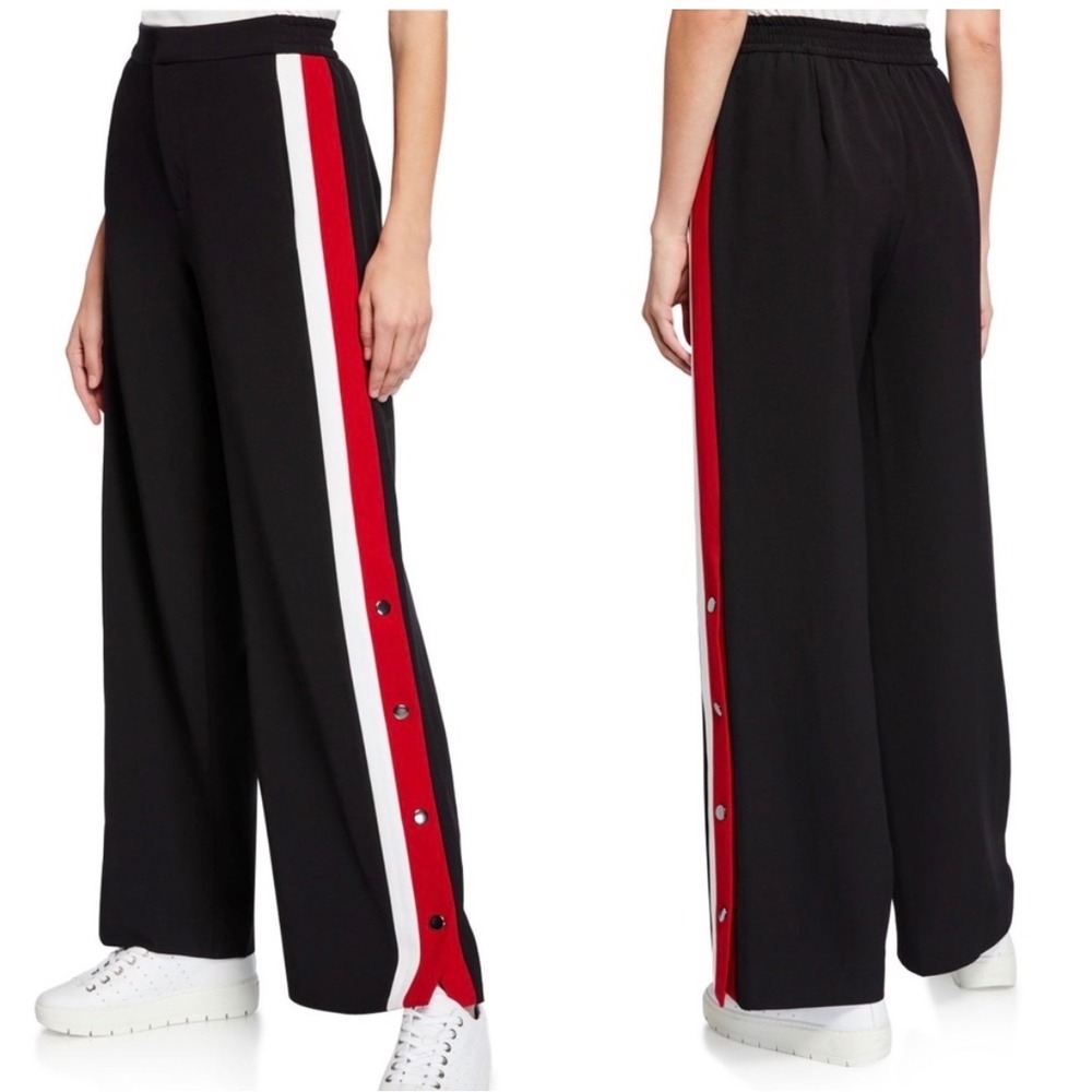 Rachel Roy Rani Wide Leg Striped Snap Button Pants Black Red White Track Pants